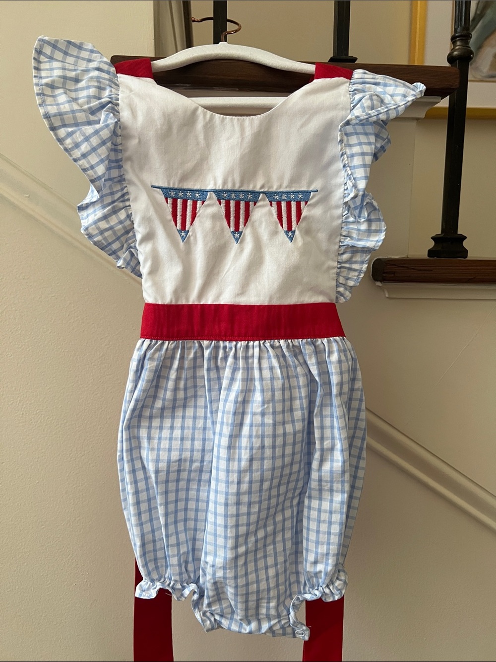 The Smocking Place Blue Check & Red Trim Patriotic Bubble Romper 3